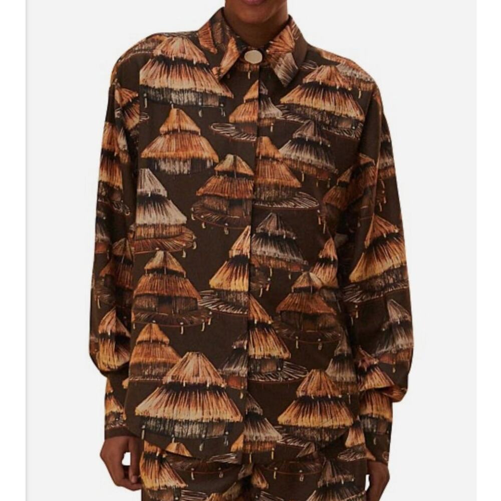 NWT Farm Rio x Yawanawa The Shuhu Brown Long Sleeve Button Up Shirt, size M